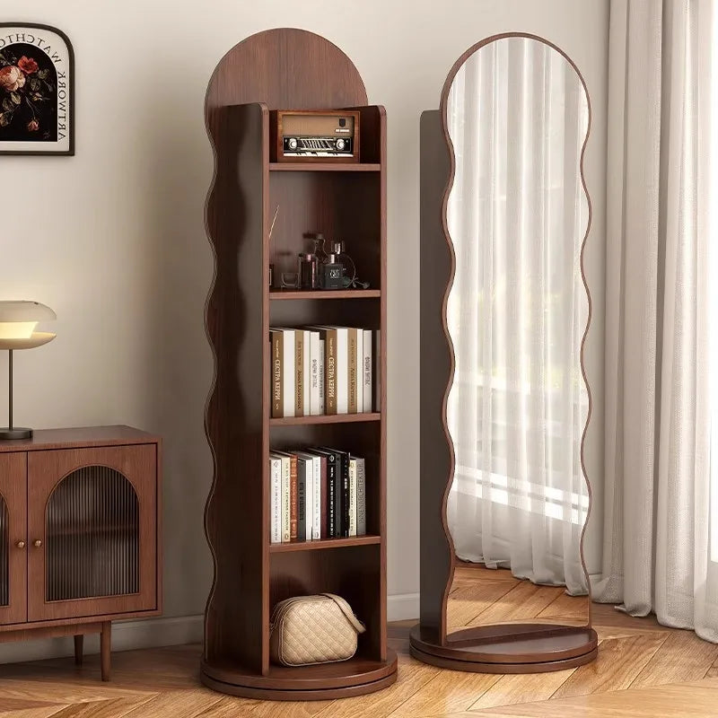 Wave rotating full-length mirror Vertical movable full-body floor mirror Home magazine bookshelf Rotating storage fitting mirror