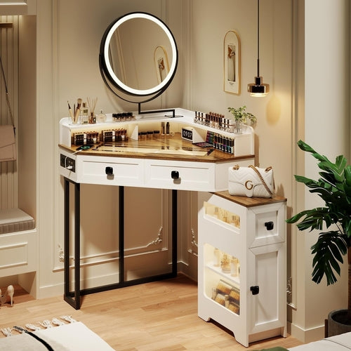White Corner Vanity Mirror, Lights, Charging, Glass Top