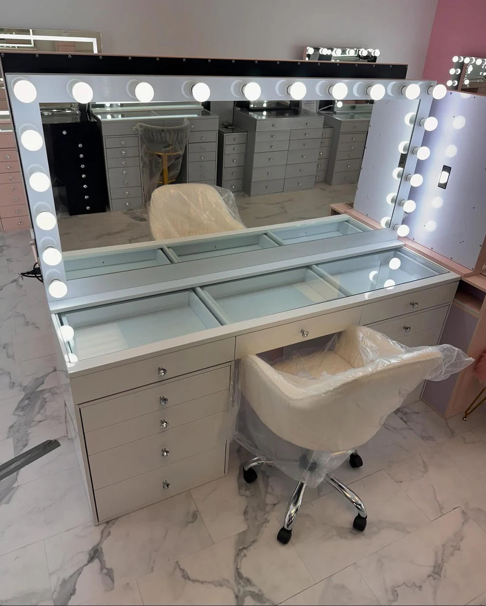11-Drawer Glass Top Vanity Table w/ LED Dimmable Mirror