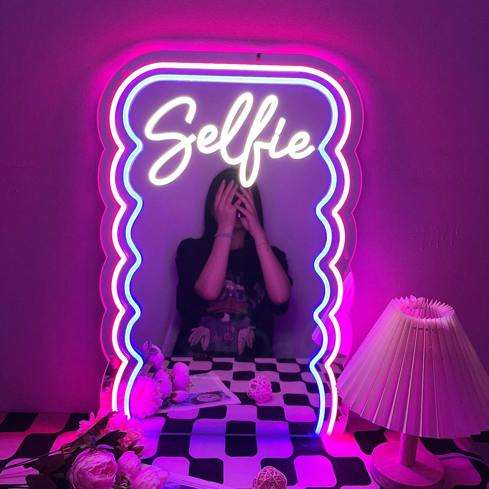 Selfie wave mirror neon decorative mirror, adjustable light, suitable for living room and bathroom, gift for girlfriend