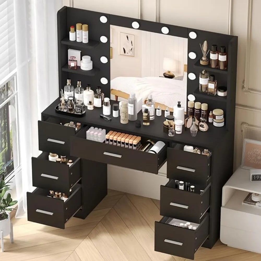 Vanity Desk Makeup Vanity with 10 LED Lights & 7 Metal Sliding Drawers Vanity Table with Open Shelves Makeup Table