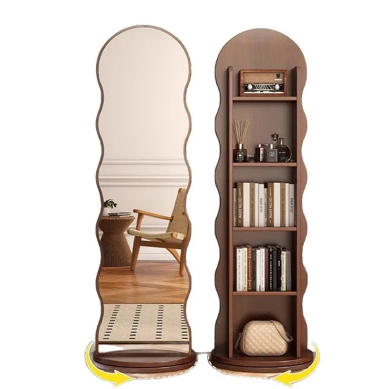 Wave rotating full-length mirror Vertical movable full-body floor mirror Home magazine bookshelf Rotating storage fitting mirror