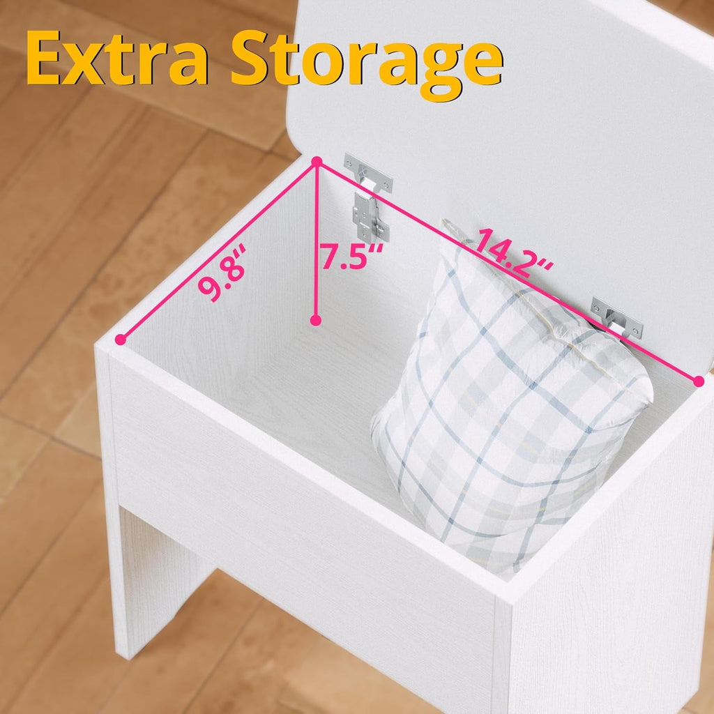 White Small Vanity Set Mirror, Lights, Storage, Chair