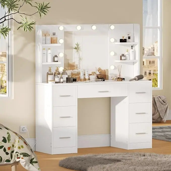 Vanity Desk Makeup Vanity with 10 LED Lights & 7 Metal Sliding Drawers Vanity Table with Open Shelves Makeup Table