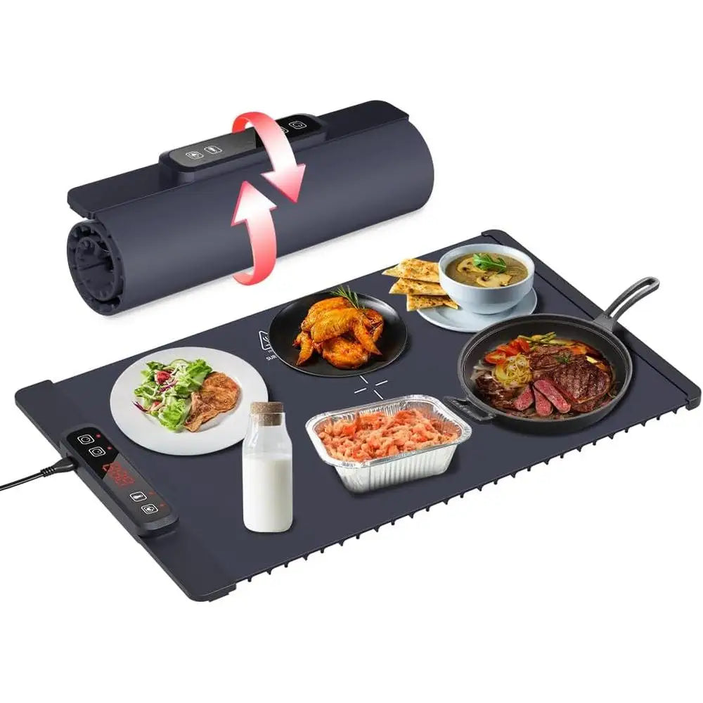 Electric Warming Tray Full Surface Heating Portable Silicone Food Warmer 5 Temperature Settings Adjustable Timer Child Safety