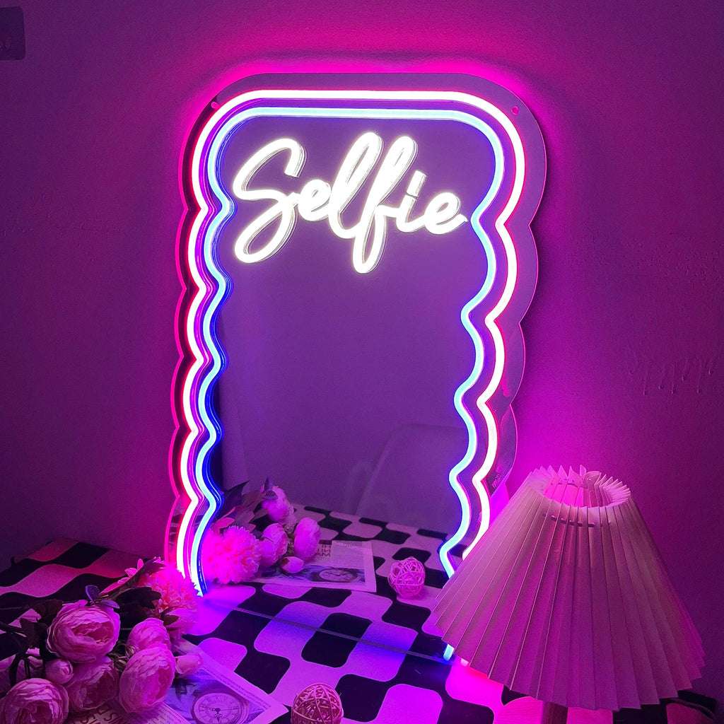Selfie wave mirror neon decorative mirror, adjustable light, suitable for living room and bathroom, gift for girlfriend