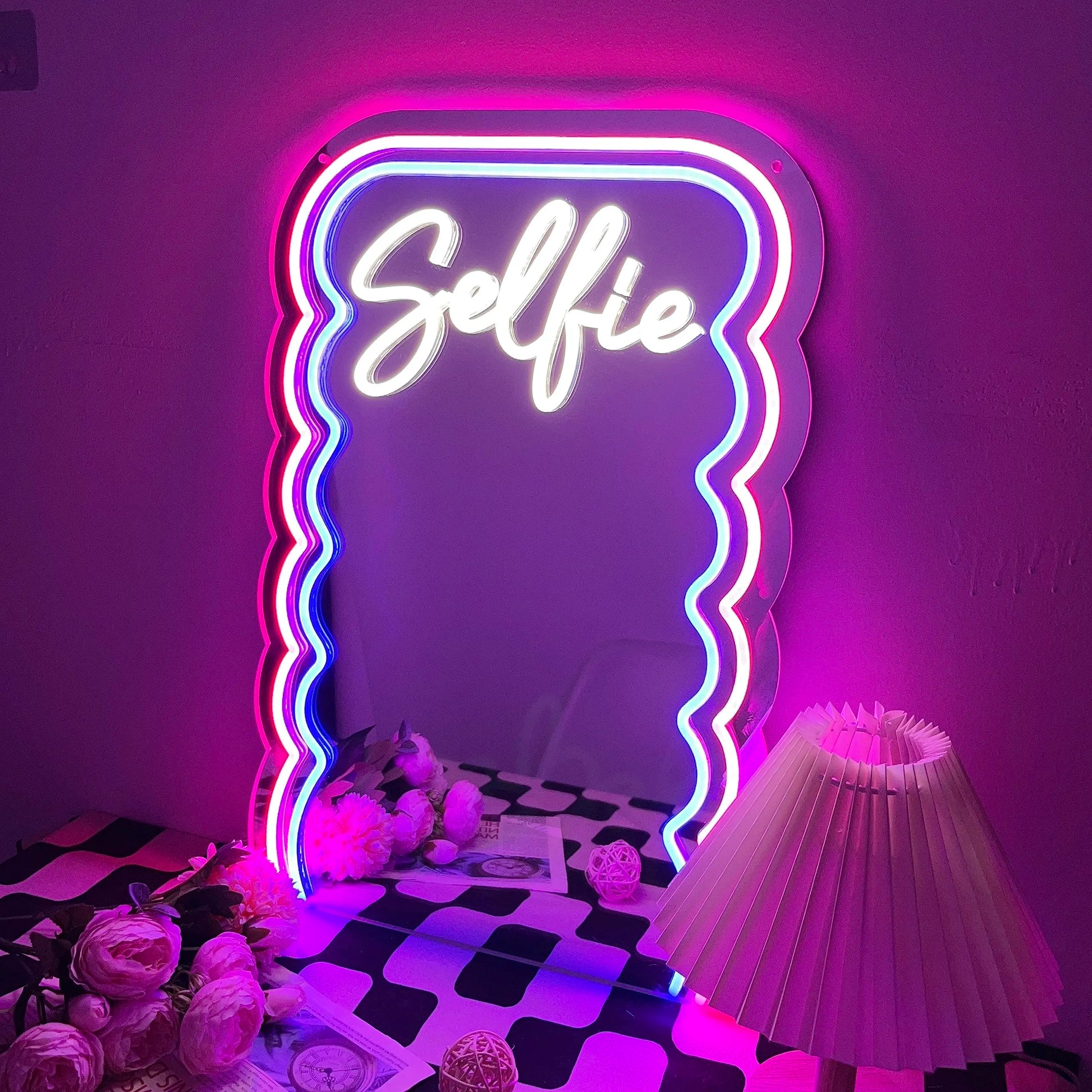 Selfie wave mirror neon decorative mirror, adjustable light, suitable for living room and bathroom, gift for girlfriend