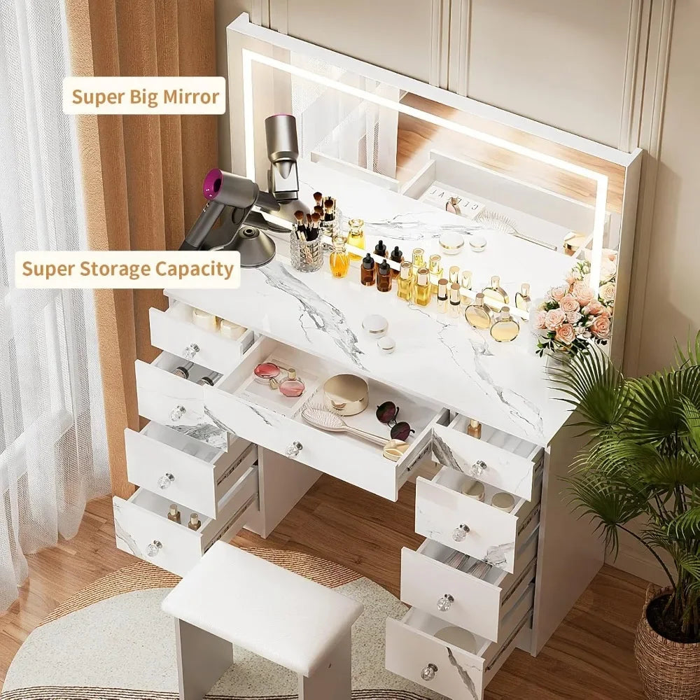 Vanity with Lighted Mirror - Makeup Vanity Desk with Power Outlet and 9 Drawers, 3 Color Lighting Modes