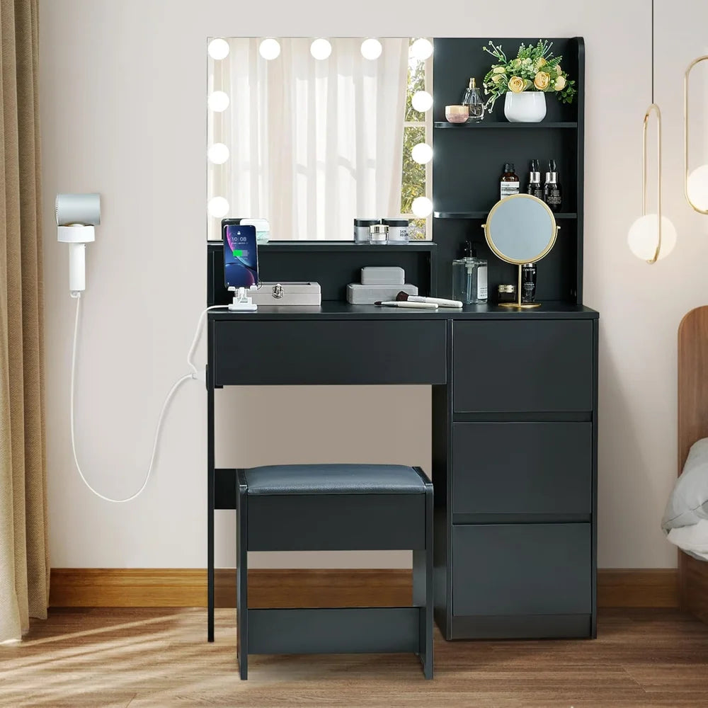 Black Vanity Desk with Mirror and Lights- Makeup Vanity Table Set with Power Outlet, 4 Drawers and Stool, Small Makeup Table