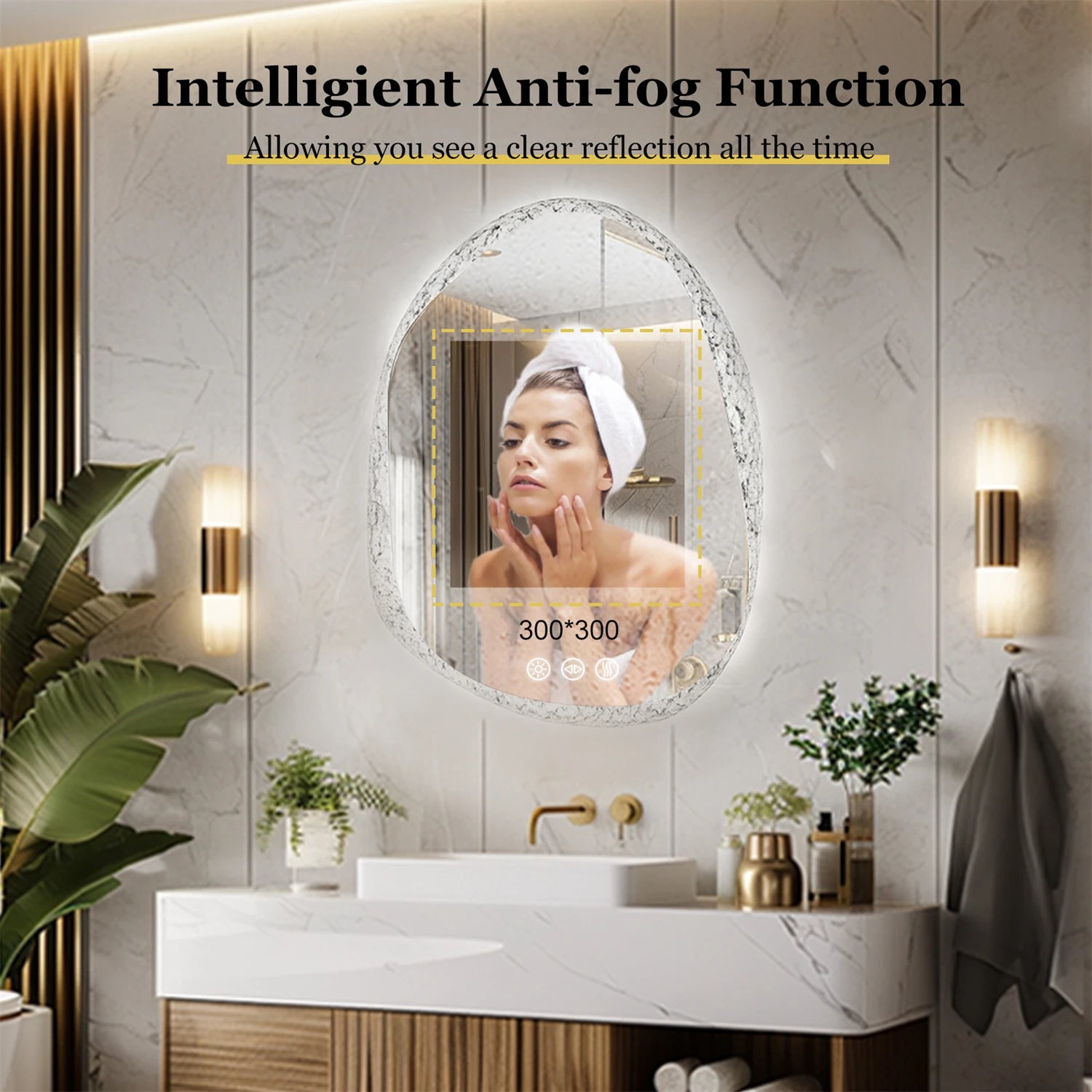 70/80/90cm LED Bathroom Mirror with Lights Crystal Clear Glass Bathroom Vanity Mirror with Backlight 3 Colors Setting, Anti-fog