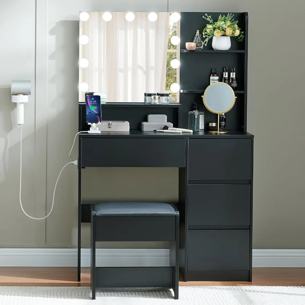 Black Vanity Desk with Mirror and Lights- Makeup Vanity Table Set with Power Outlet, 4 Drawers and Stool, Small Makeup Table