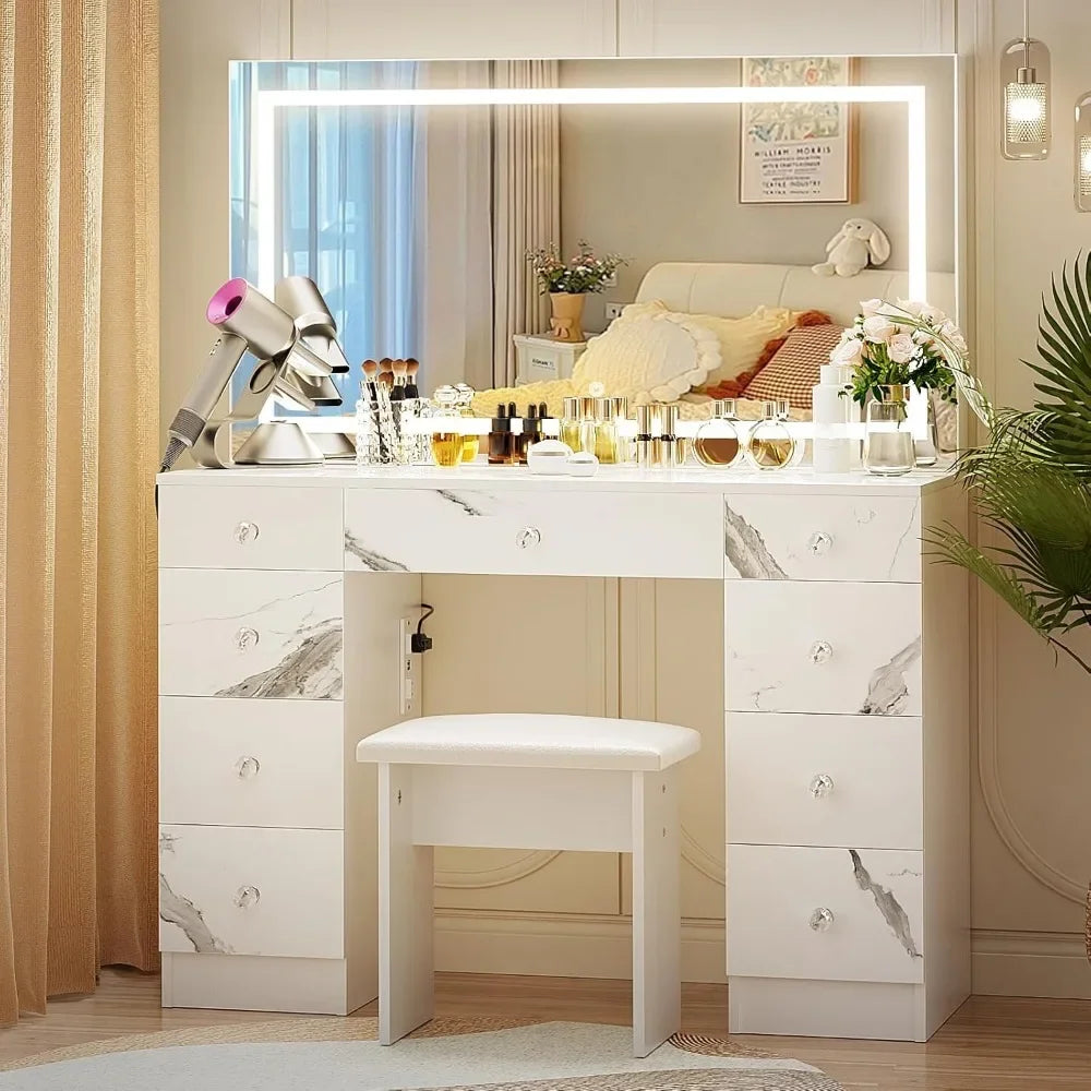 Vanity with Lighted Mirror - Makeup Vanity Desk with Power Outlet and 9 Drawers, 3 Color Lighting Modes