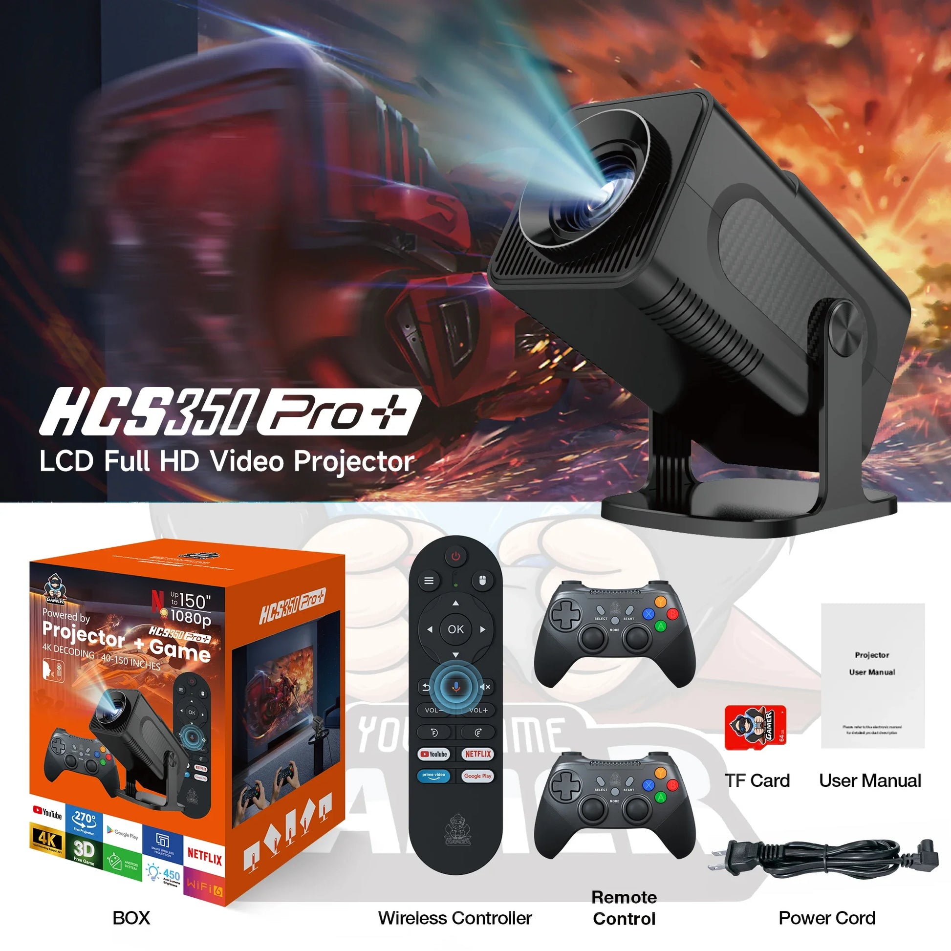 HCS350PRO+ 3D HD portable Retro video game consoles projector smoothly without buffering for Android WIFI6 dual system gaming