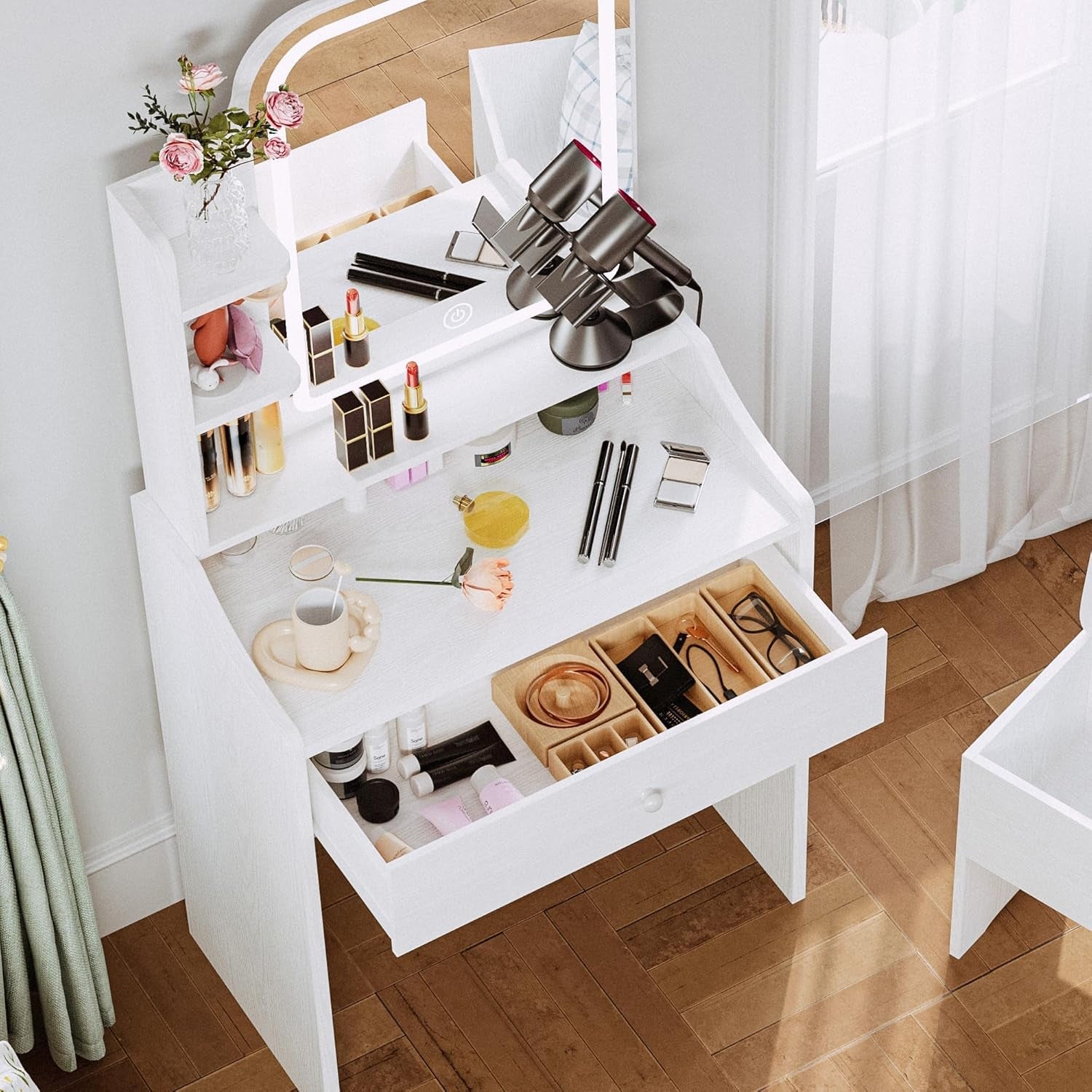 White Small Vanity Set Mirror, Lights, Storage, Chair