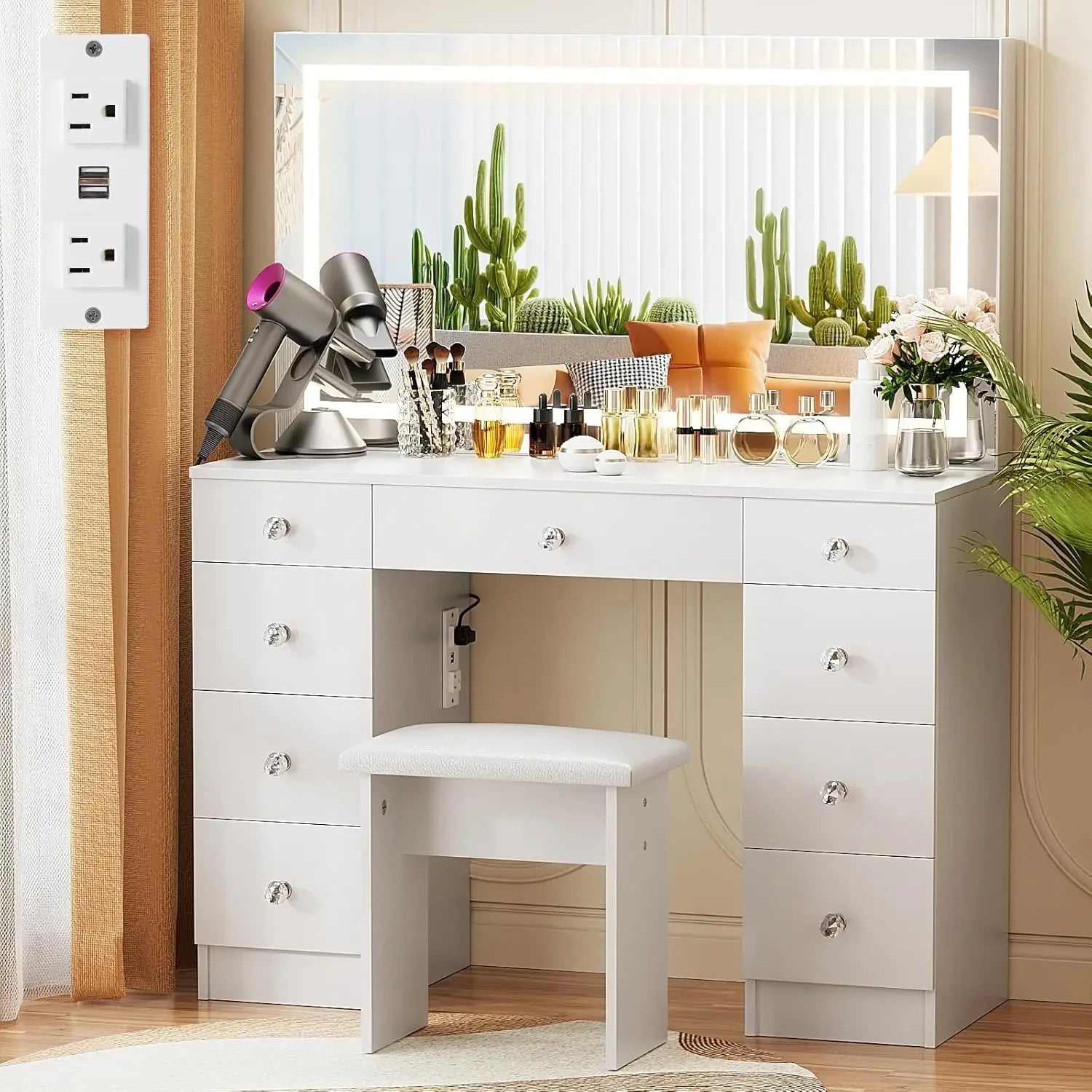 Vanity with Lighted Mirror - Makeup Vanity Desk with Power Outlet and 9 Drawers, 3 Color Lighting Modes
