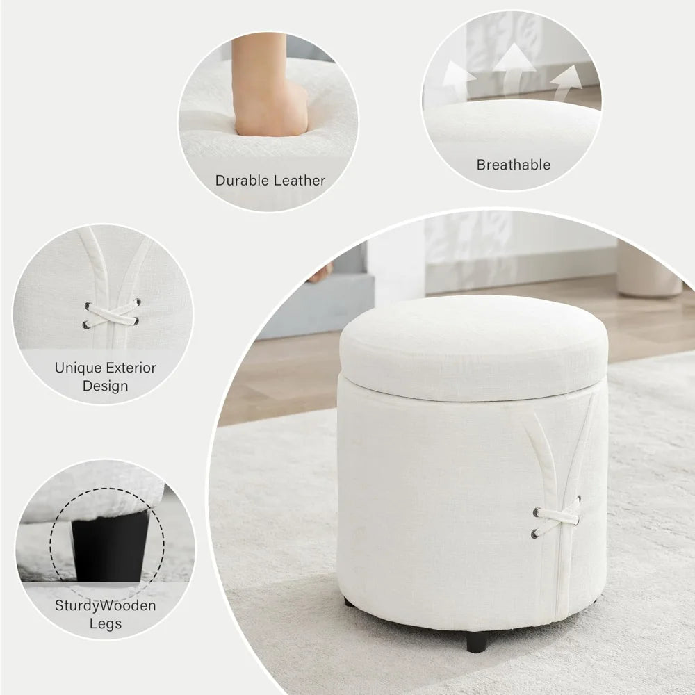 16.5 inch Tufted Small Round Storage Ottoman, Modern Upholstered Ottoman with Soft Padded Seat, Chic Round Vanity Foot Stool