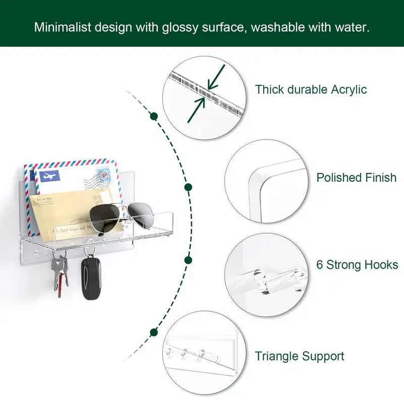 Key Holder Wall Mount Clear Acrylic Entryway Key Rack With 6 Hooks Shelf Storage Wall Organizer For Living Room Kitchen Hallway