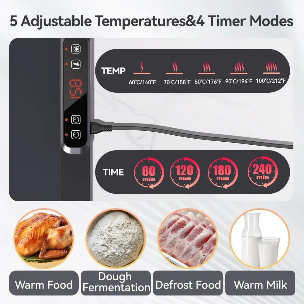 Electric Warming Tray Full Surface Heating Portable Silicone Food Warmer 5 Temperature Settings Adjustable Timer Child Safety