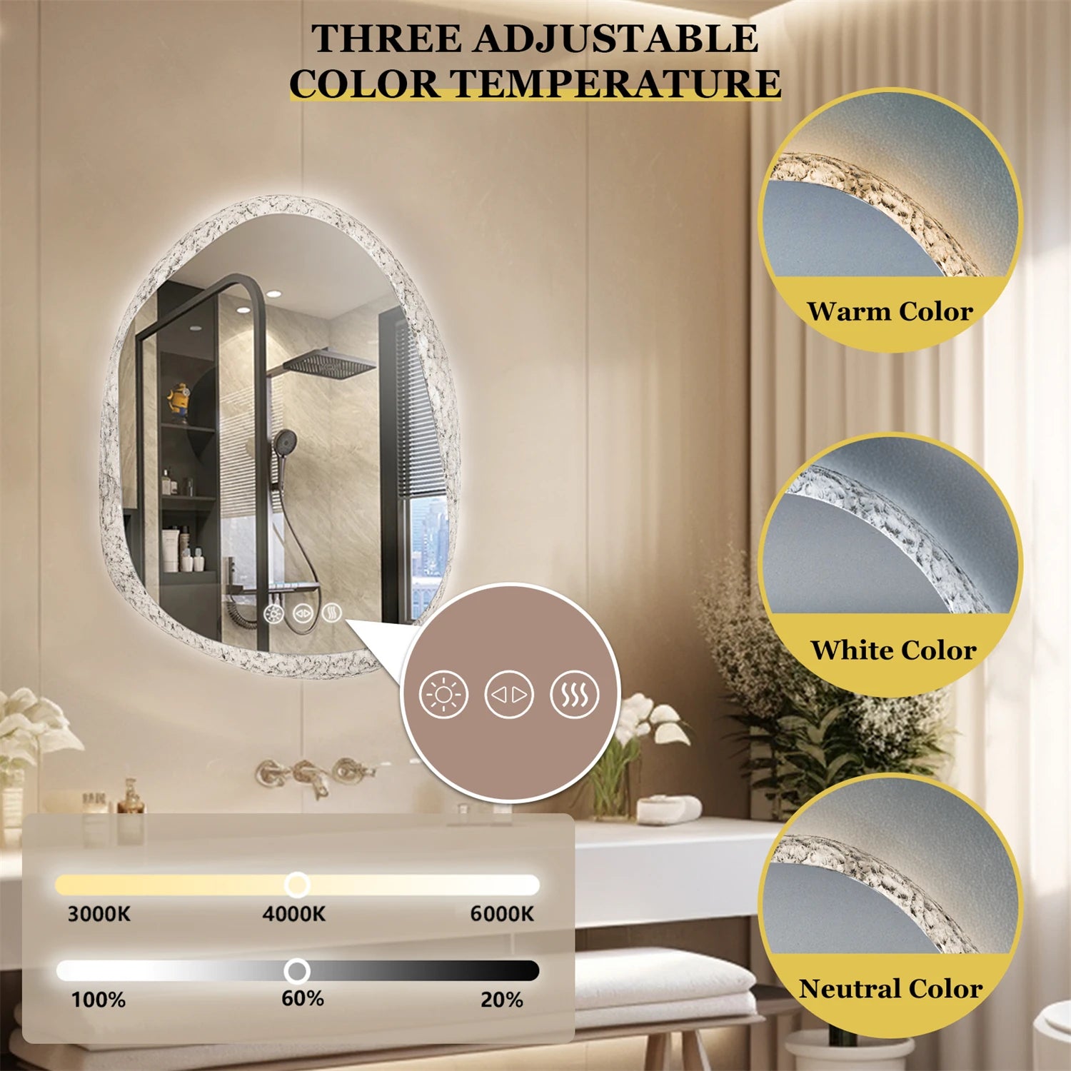 70/80/90cm LED Bathroom Mirror with Lights Crystal Clear Glass Bathroom Vanity Mirror with Backlight 3 Colors Setting, Anti-fog