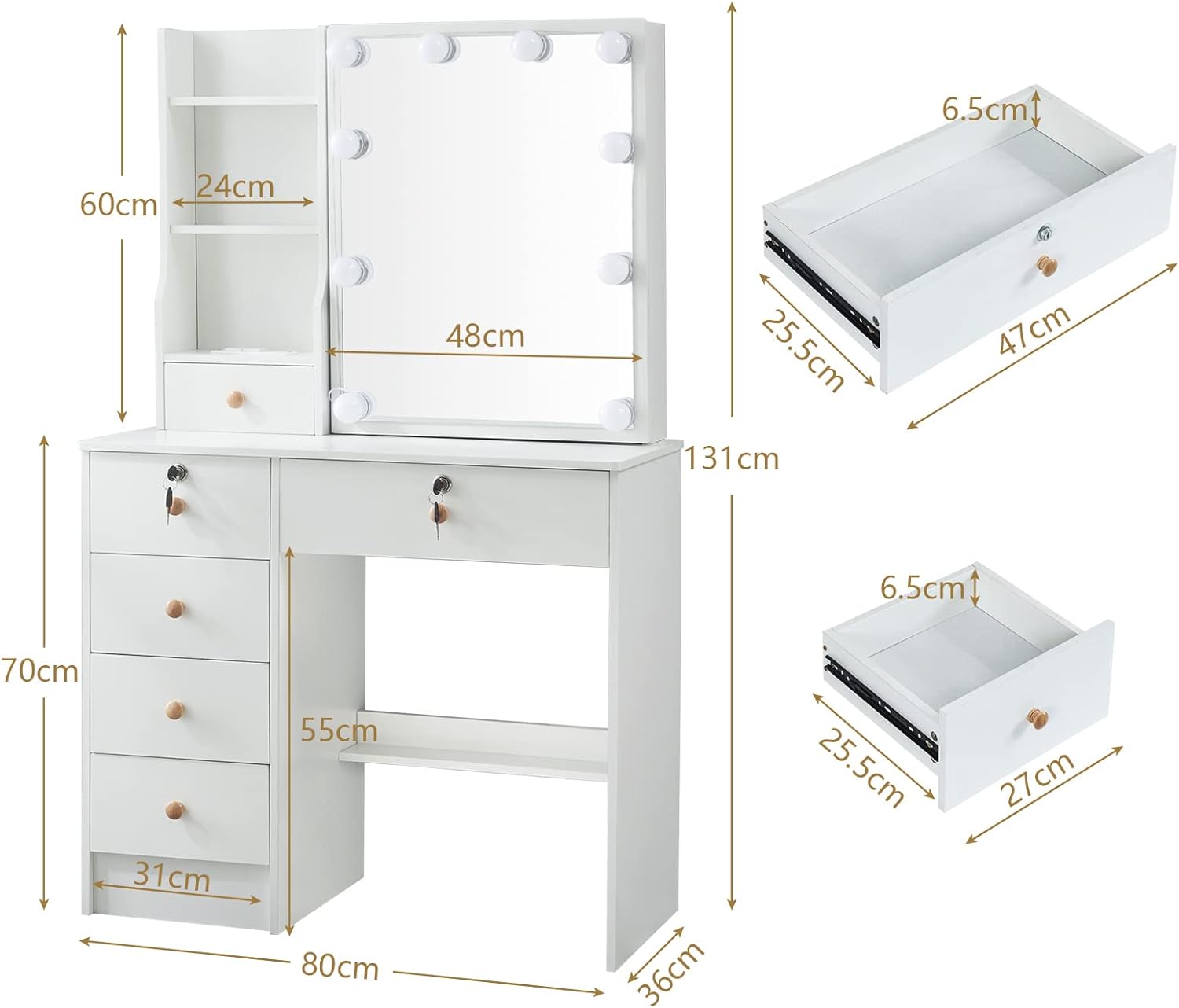 Vanity Desk with Mirror and Lights, Makeup Vanity Table Set with Chair, 10 LED Bulbs, 3 Lighting Colors, Makeup Desk with 6 Drawer and Lots Storage Shelves, Dressing Table for Bedroom, Girls, Women