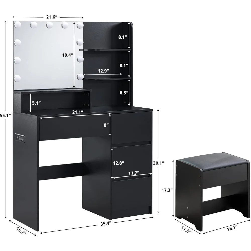 Black Vanity Desk with Mirror and Lights- Makeup Vanity Table Set with Power Outlet, 4 Drawers and Stool, Small Makeup Table