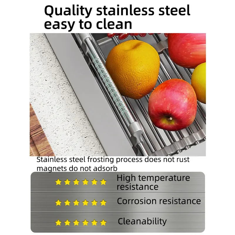 Folding Kitchen Sink Drain Rack, Stainless Steel Dish Drain Basket for Washing Dishes, Space-Saving Sink Organizer