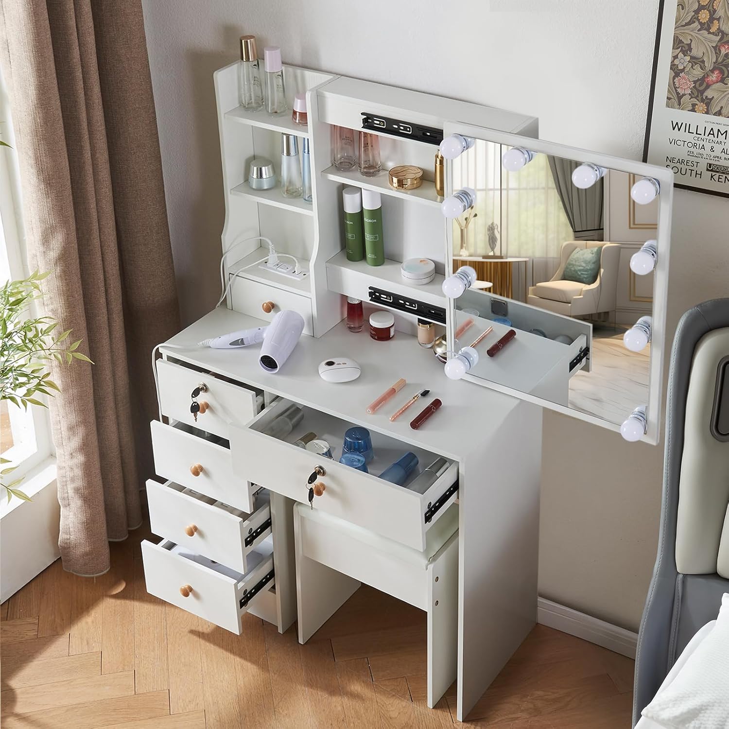 Vanity Desk with Mirror and Lights, Makeup Vanity Table Set with Chair, 10 LED Bulbs, 3 Lighting Colors, Makeup Desk with 6 Drawer and Lots Storage Shelves, Dressing Table for Bedroom, Girls, Women