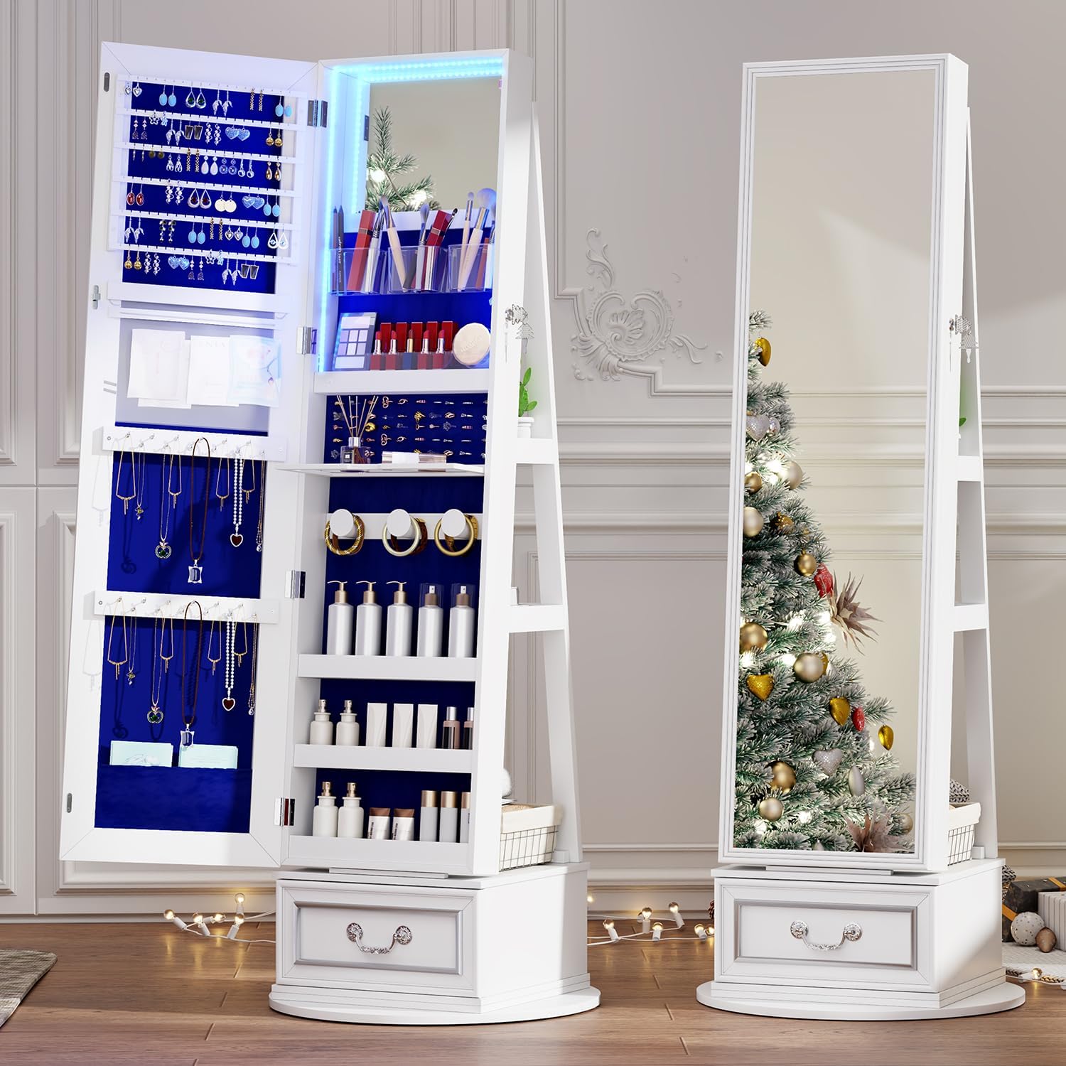 Mirror Jewelry Cabinet Standing, 360° Swivel Jewelry Armoire with Full Length Mirror