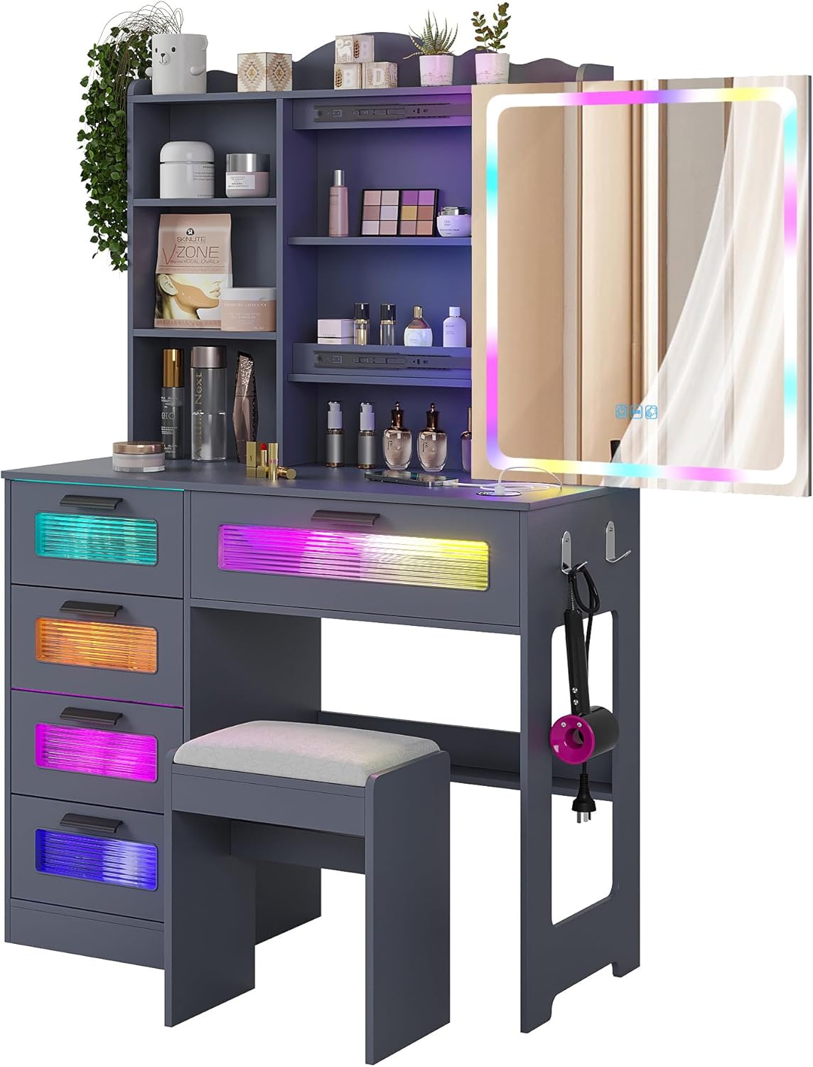 Vanity Desk with Sliding Mirror and LED Lights, RGB Vanitys with Charging Station, Makeup Vanity with Remote Control, White Dresser with Stool/Lager Drawers for Bedroom (Grey)