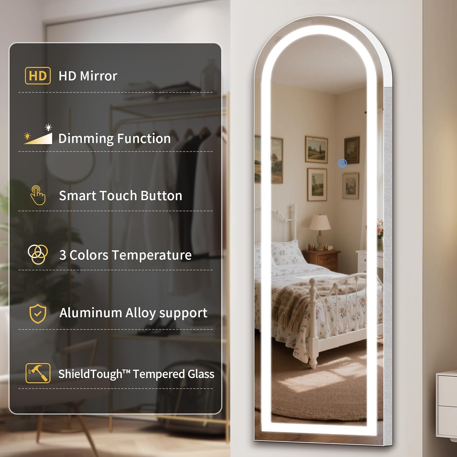 Full Length Standing Mirror with LED Lights, 56"x20" Lighted Mirror with Dimming & 3 Color Lighting
