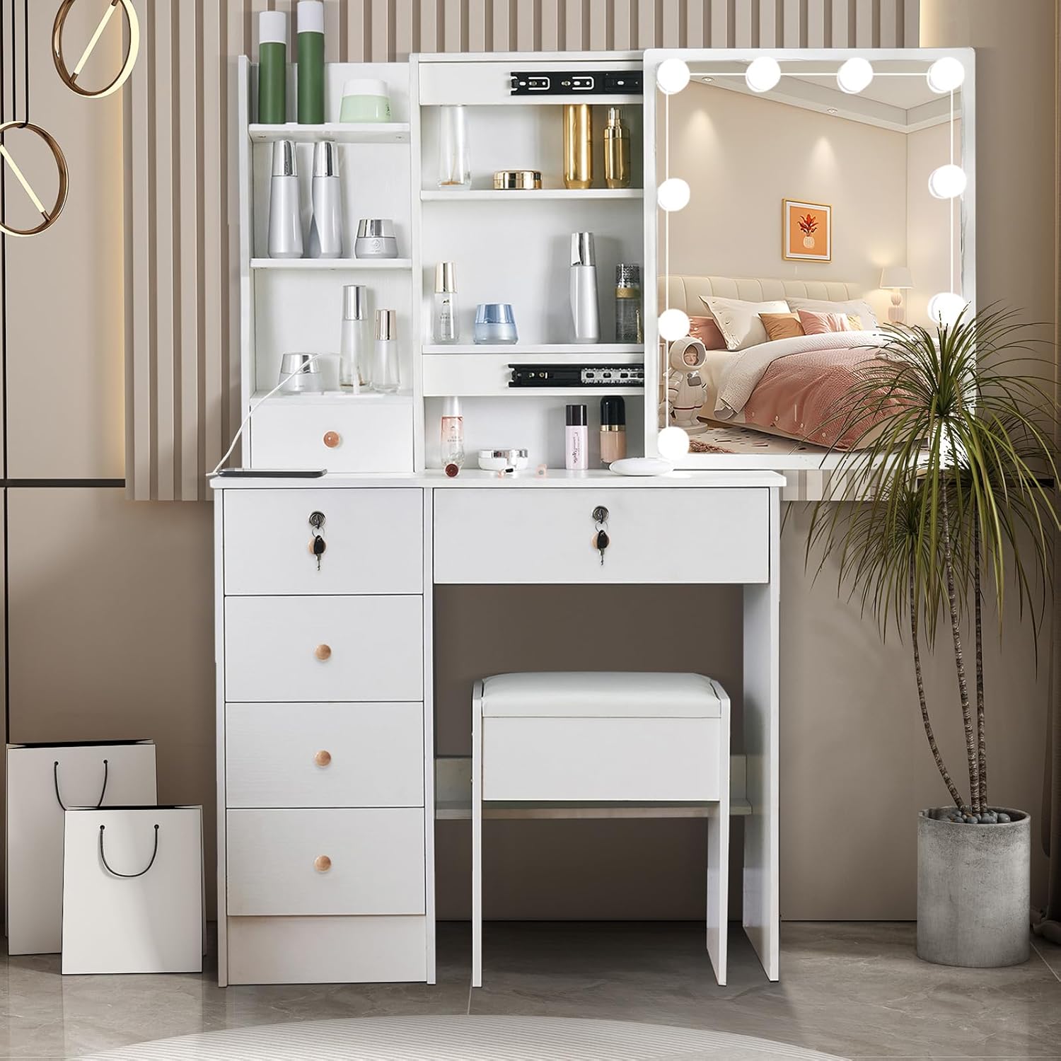 Vanity Desk with Mirror and Lights, Makeup Vanity Table Set with Chair, 10 LED Bulbs, 3 Lighting Colors, Makeup Desk with 6 Drawer and Lots Storage Shelves, Dressing Table for Bedroom, Girls, Women