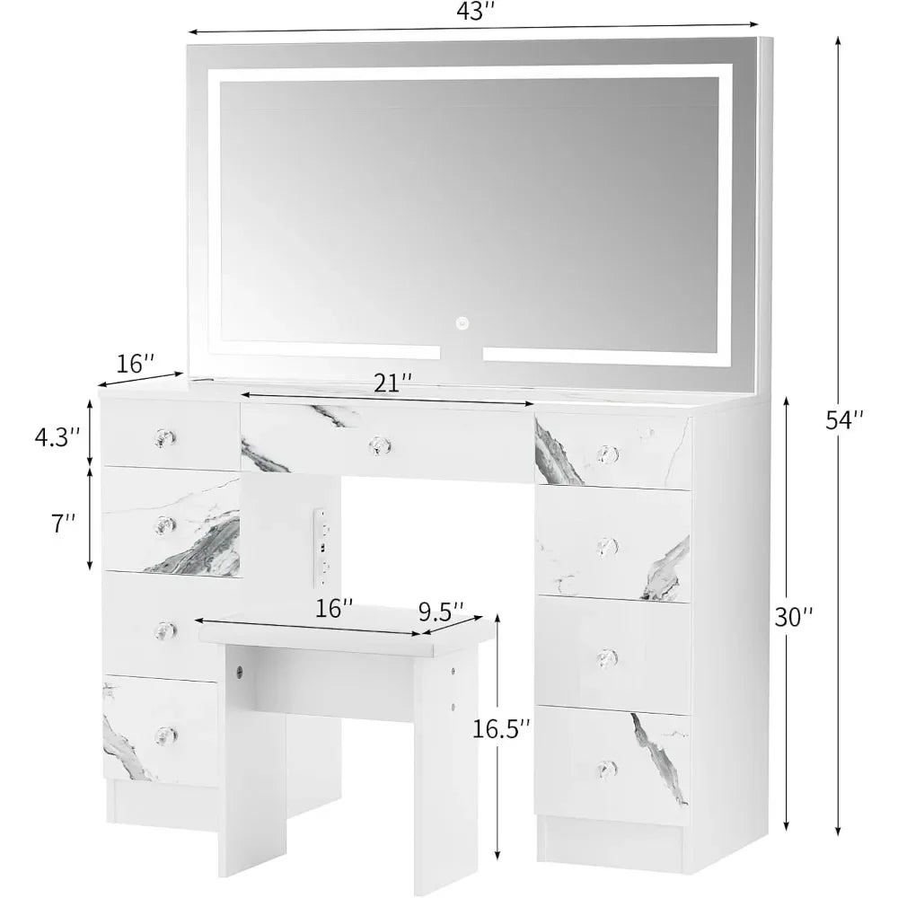 Vanity with Lighted Mirror - Makeup Vanity Desk with Power Outlet and 9 Drawers, 3 Color Lighting Modes