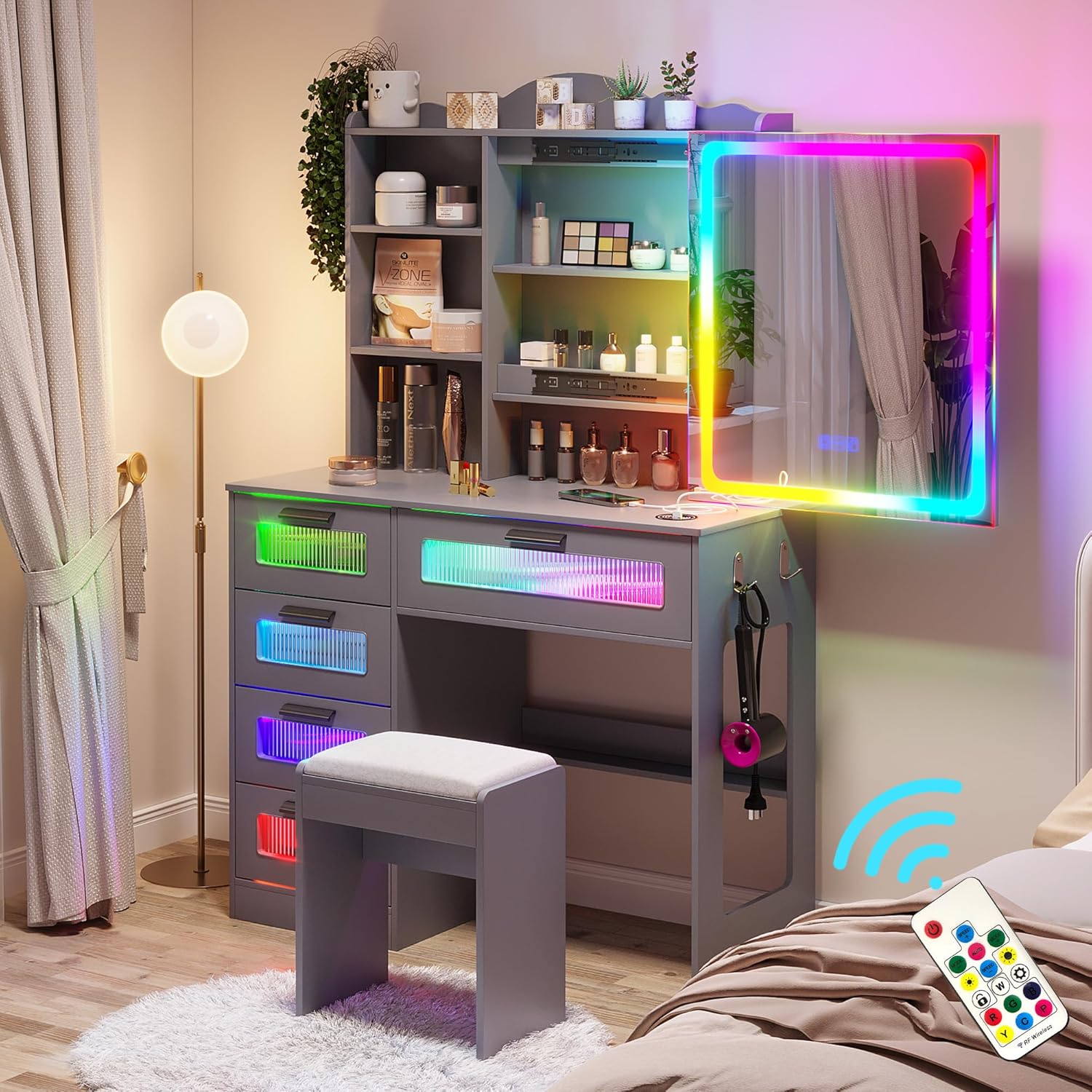 Vanity Desk with Sliding Mirror and LED Lights, RGB Vanitys with Charging Station, Makeup Vanity with Remote Control, White Dresser with Stool/Lager Drawers for Bedroom (Grey)