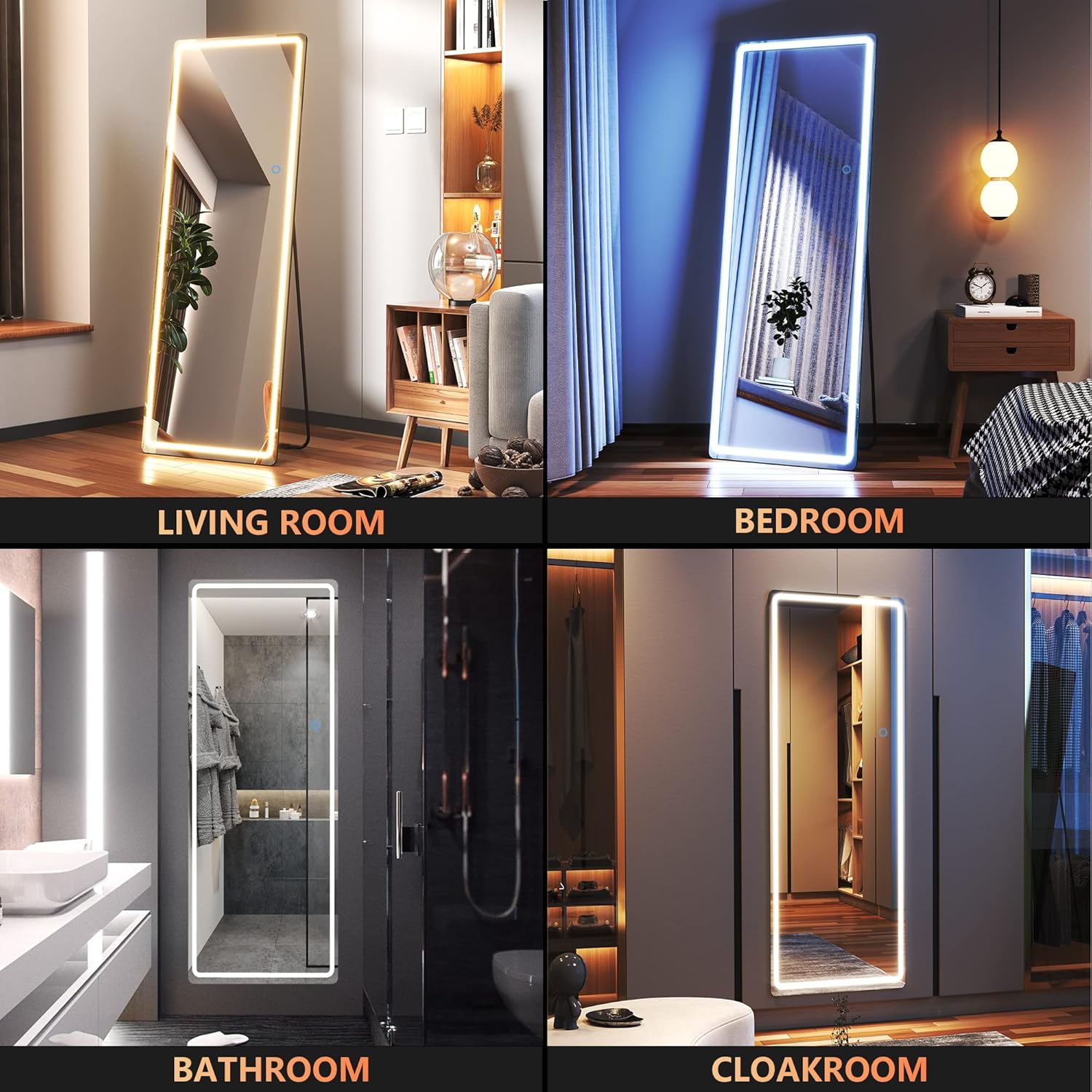 Full-Length Hanging Mirror with LED Lights, Free Standing Wall Mounted Lighted Vanity Tall Big Stand Up Body Mirror, Full-Size for Floor, Bedroom