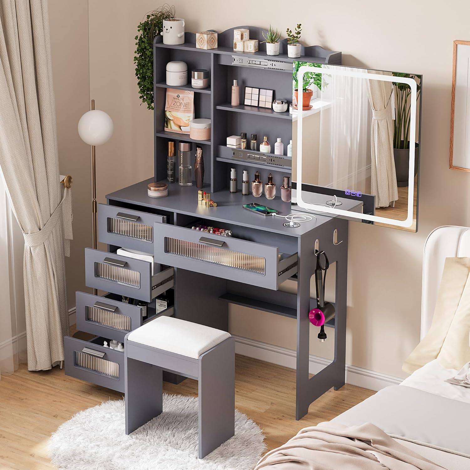 Vanity Desk with Sliding Mirror and LED Lights, RGB Vanitys with Charging Station, Makeup Vanity with Remote Control, White Dresser with Stool/Lager Drawers for Bedroom (Grey)