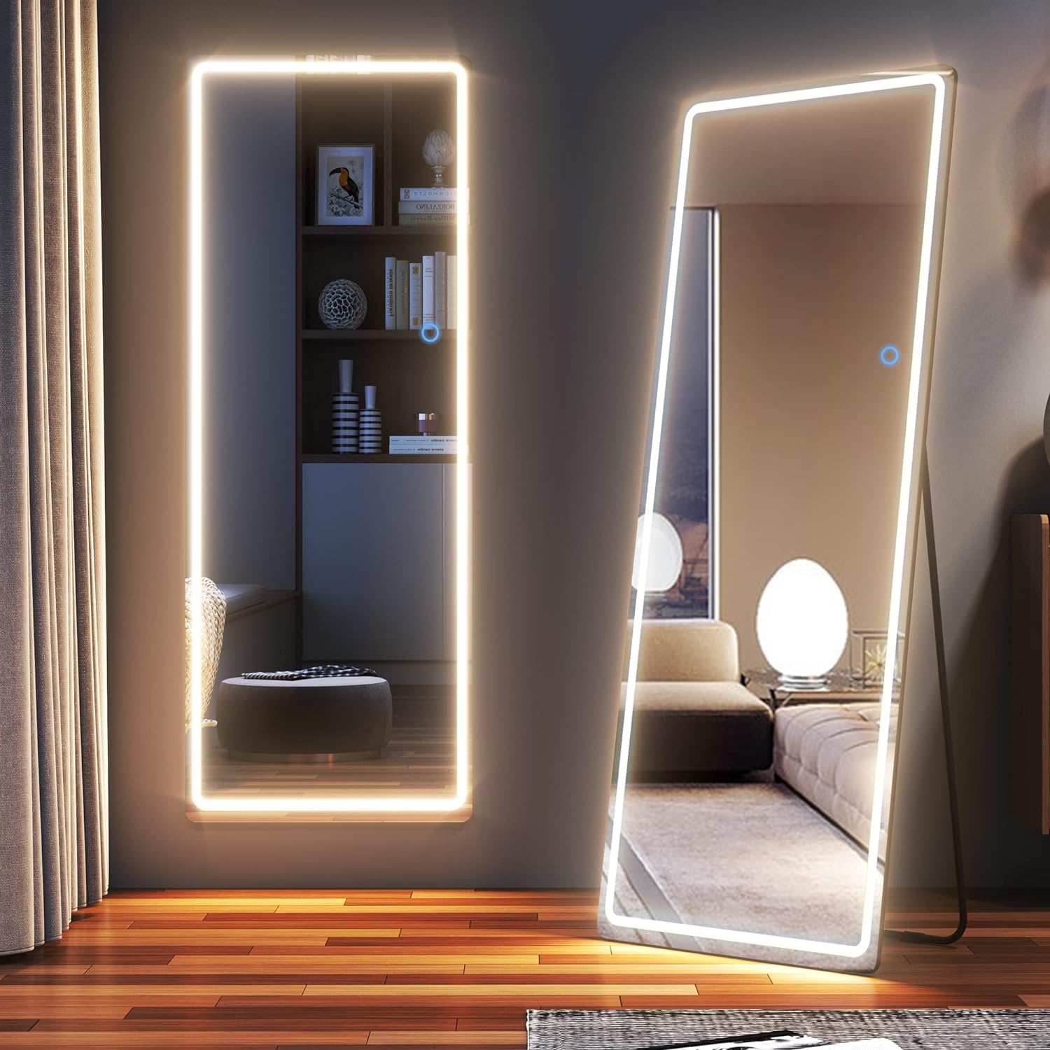 Full-Length Hanging Mirror with LED Lights, Free Standing Wall Mounted Lighted Vanity Tall Big Stand Up Body Mirror, Full-Size for Floor, Bedroom