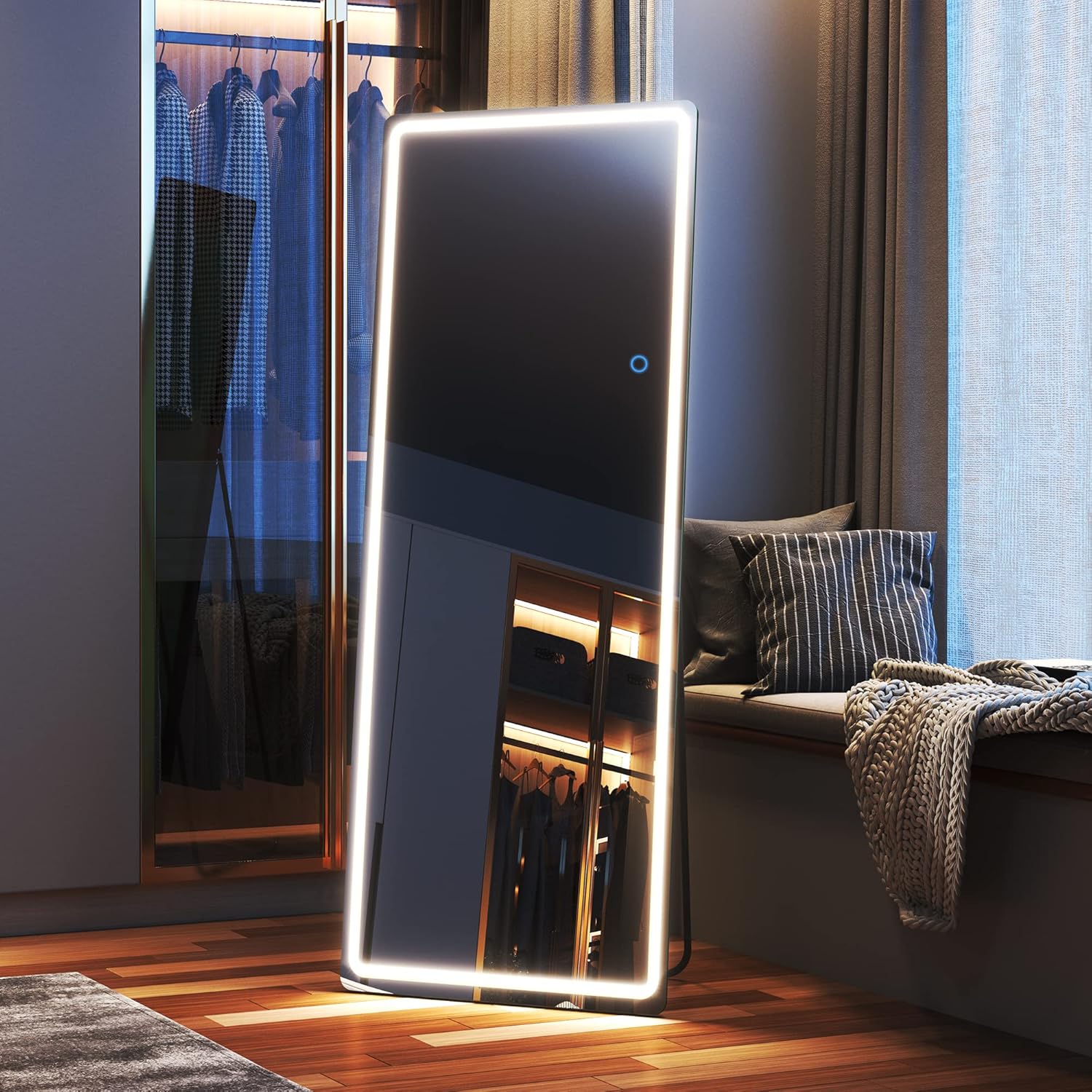 Full-Length Hanging Mirror with LED Lights, Free Standing Wall Mounted Lighted Vanity Tall Big Stand Up Body Mirror, Full-Size for Floor, Bedroom
