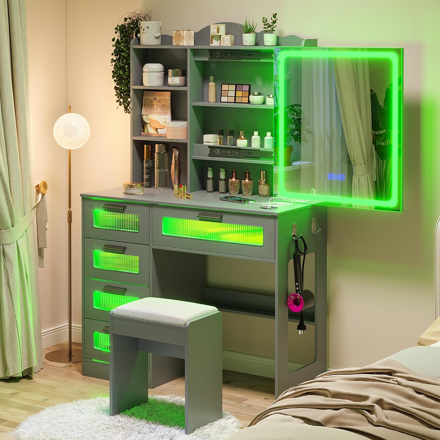Vanity Desk with Sliding Mirror and LED Lights, RGB Vanitys with Charging Station, Makeup Vanity with Remote Control, White Dresser with Stool/Lager Drawers for Bedroom (Grey)