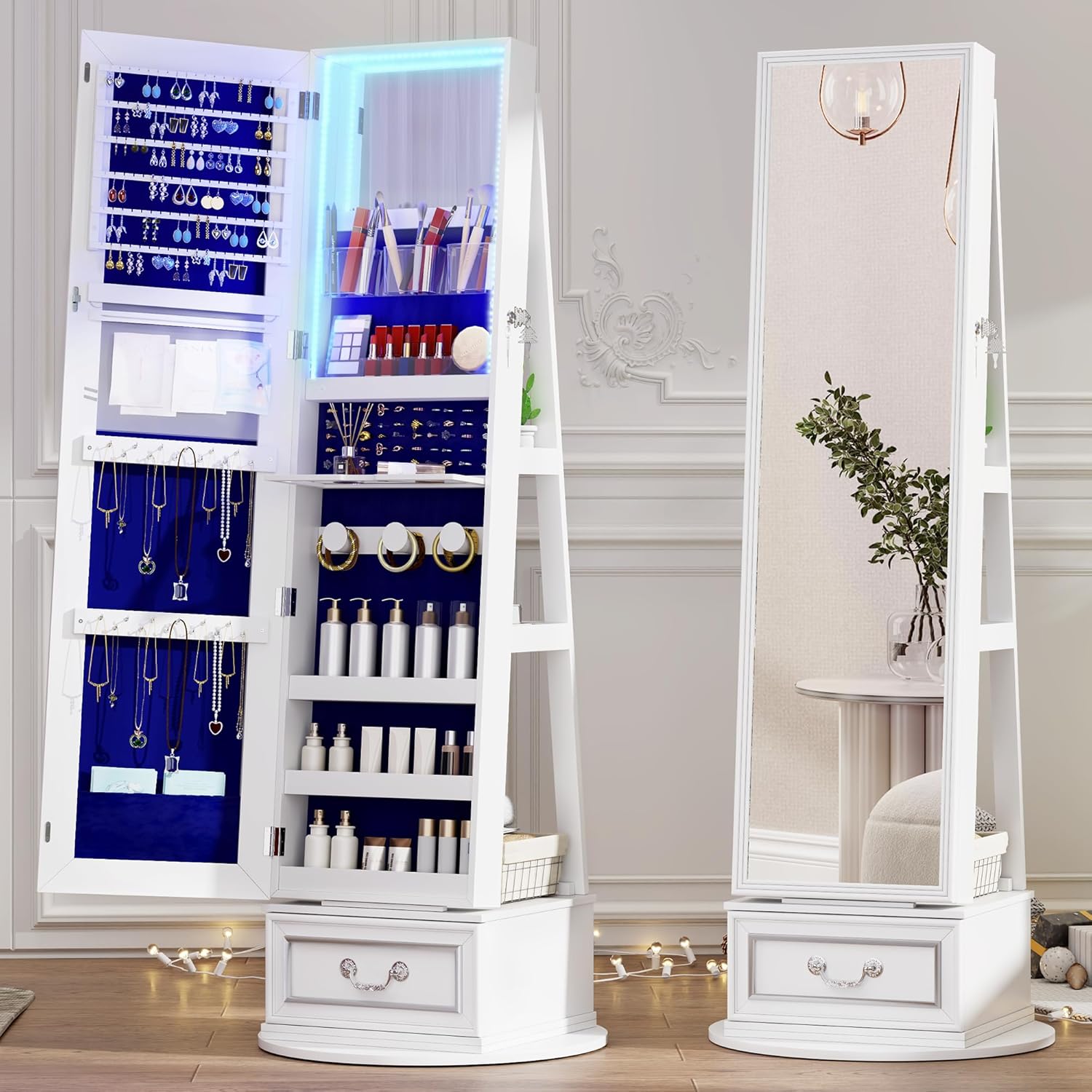 Mirror Jewelry Cabinet Standing, 360° Swivel Jewelry Armoire with Full Length Mirror