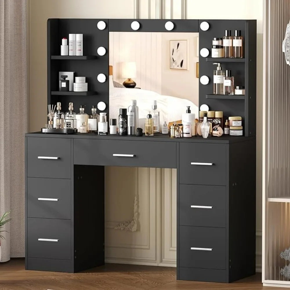 Vanity Desk Makeup Vanity with 10 LED Lights & 7 Metal Sliding Drawers Vanity Table with Open Shelves Makeup Table