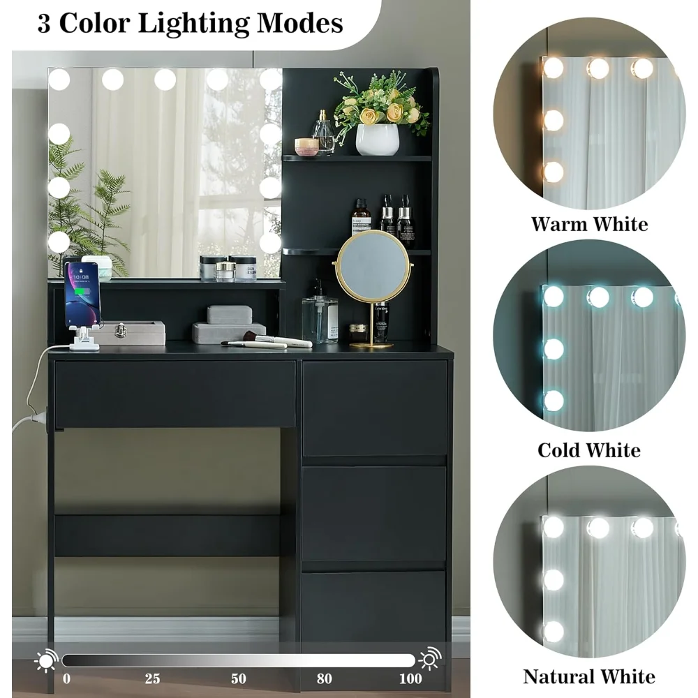 Black Vanity Desk with Mirror and Lights- Makeup Vanity Table Set with Power Outlet, 4 Drawers and Stool, Small Makeup Table