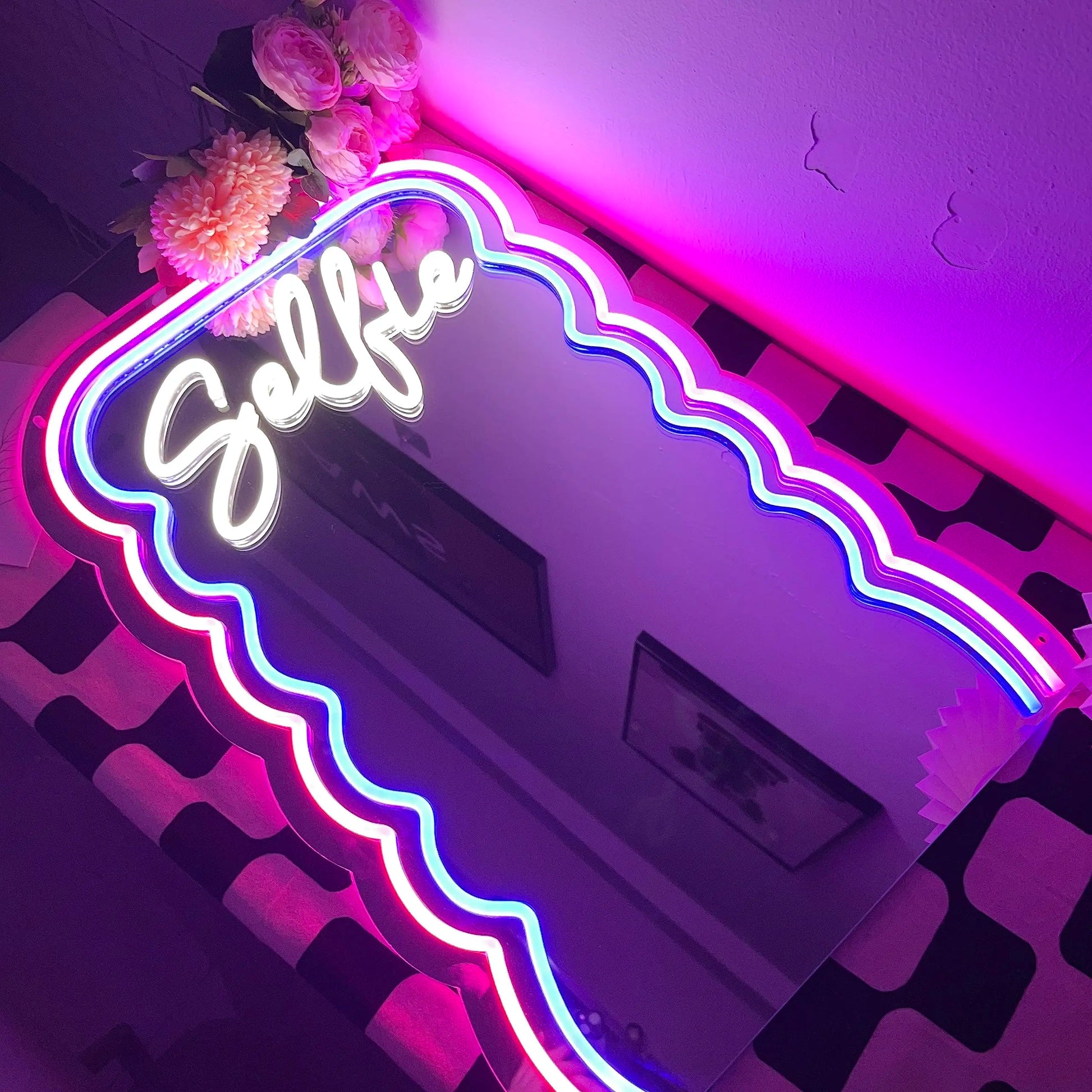 Selfie wave mirror neon decorative mirror, adjustable light, suitable for living room and bathroom, gift for girlfriend