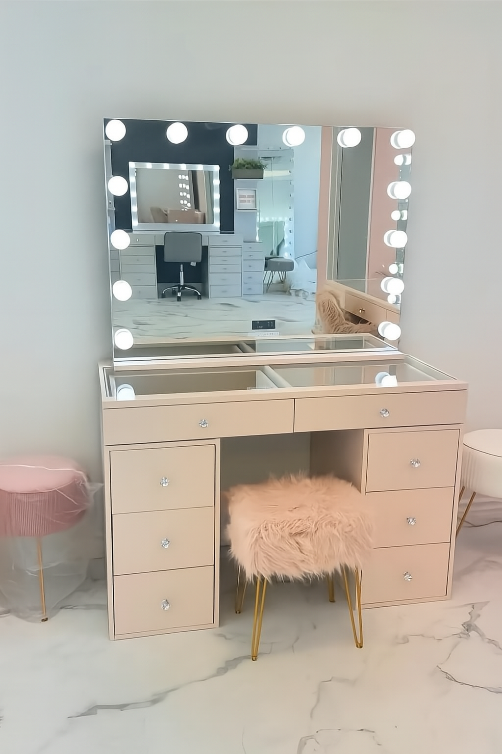 10-Drawer Glass Top Vanity Table w/ LED Dimmable Mirror14-Drawer Glass Top Vanity Table w/ LED Dimmable Mirror