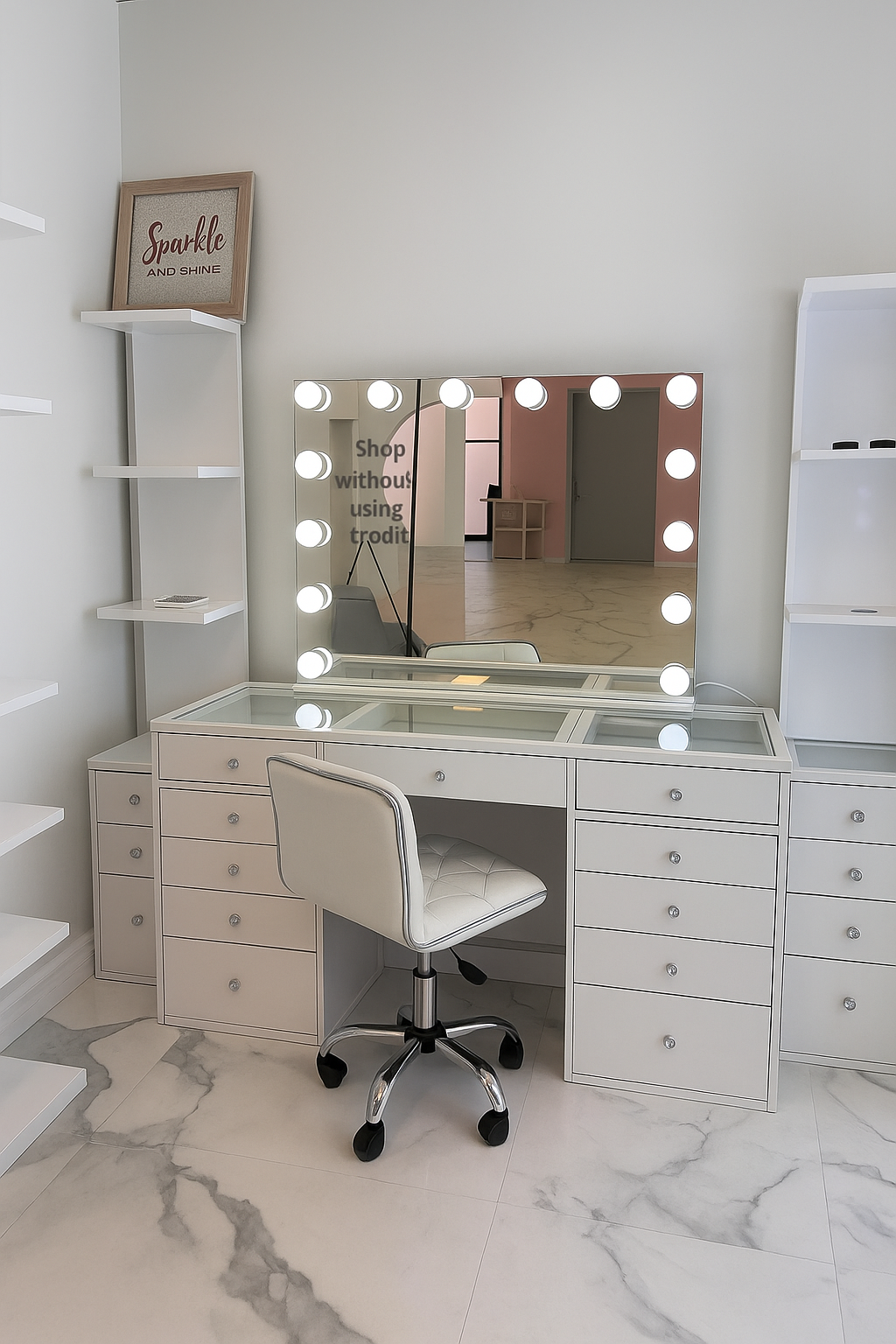 15-Drawer Glass Top Vanity Table w/ LED Dimmable Mirror