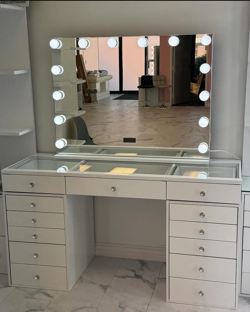 13-Drawer Glass Top Vanity Table w/ LED Dimmable Mirror