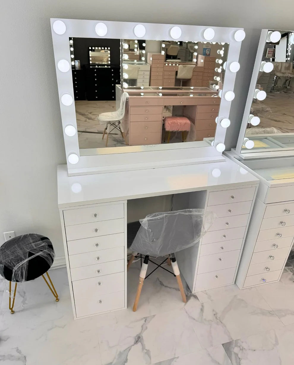 14-Drawer Glass Top Vanity Table w/ LED Dimmable Mirror