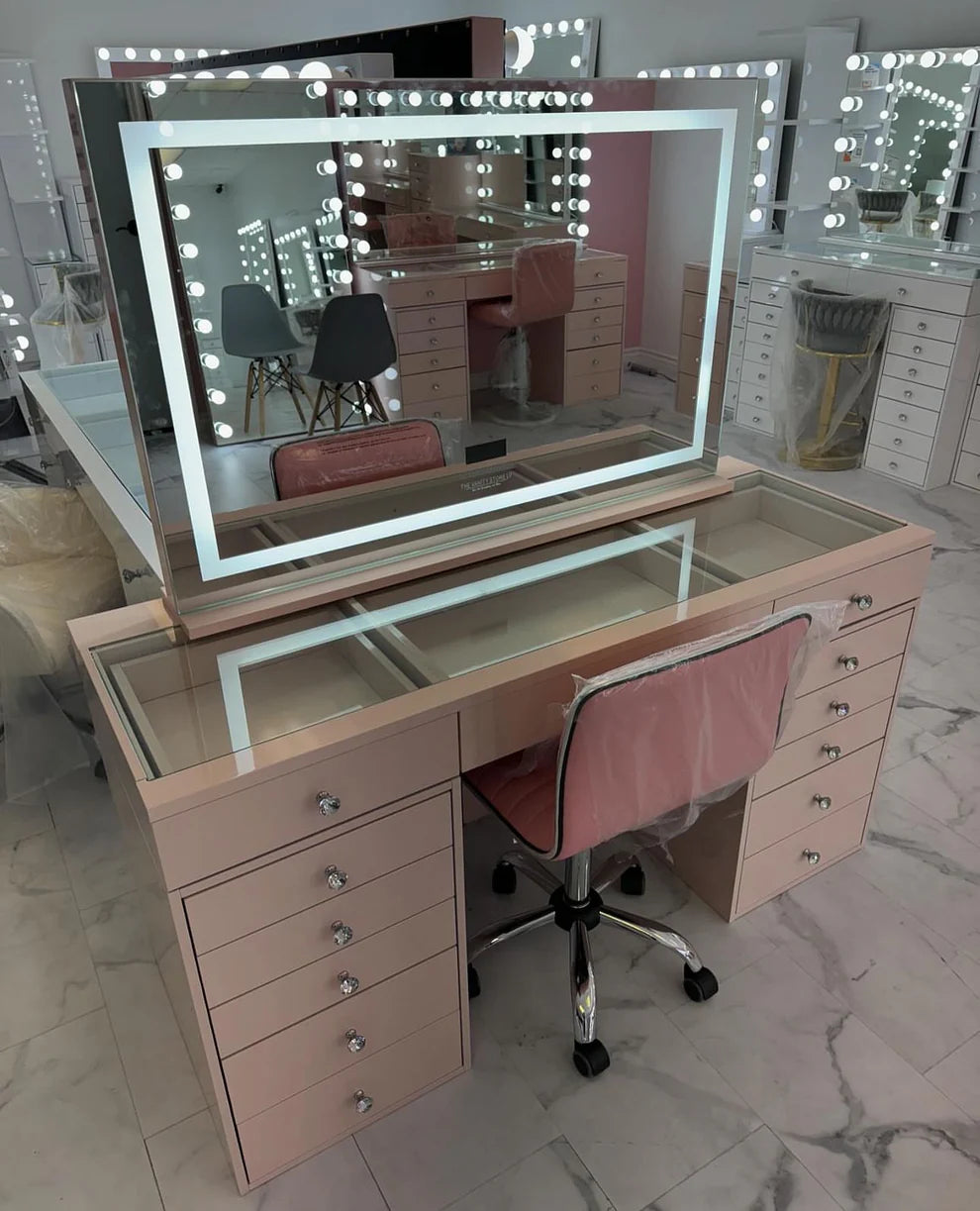 13-Drawer Glass Top Vanity Table w/ LED Dimmable Mirror