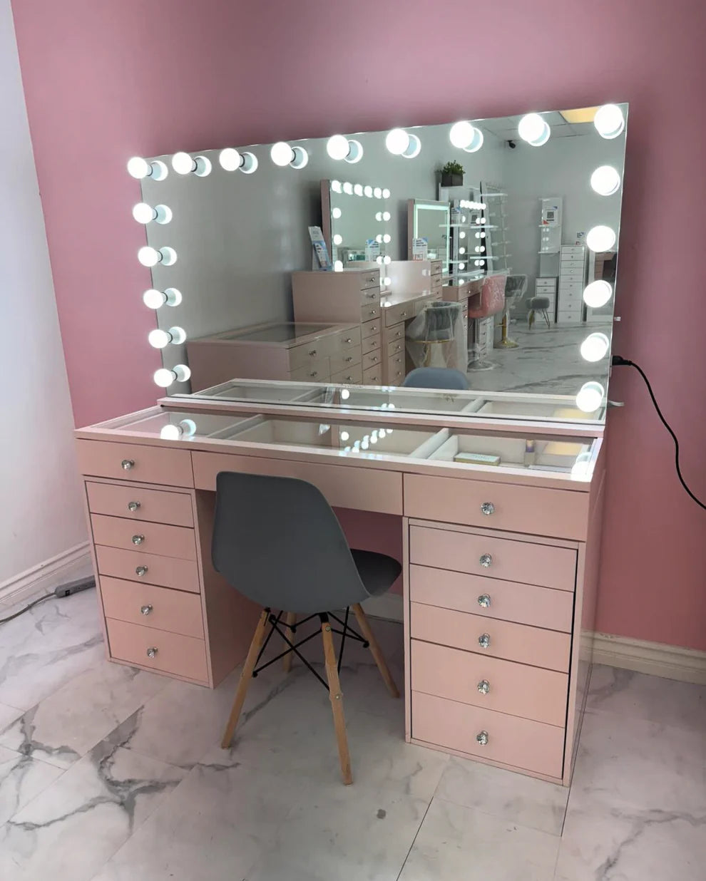 13-Drawer Glass Top Vanity Table w/ LED Dimmable Mirror