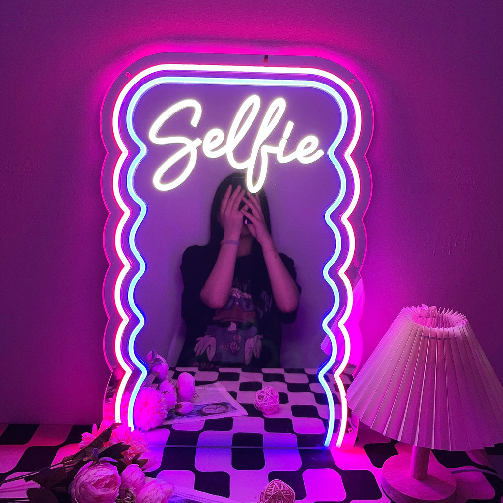 Selfie wave mirror neon decorative mirror, adjustable light, suitable for living room and bathroom, gift for girlfriend