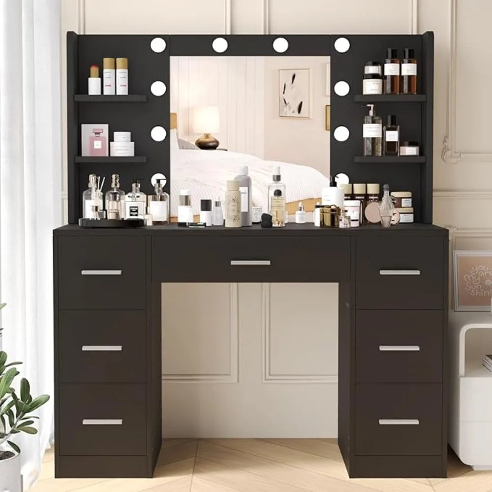Vanity Desk Makeup Vanity with 10 LED Lights & 7 Metal Sliding Drawers Vanity Table with Open Shelves Makeup Table